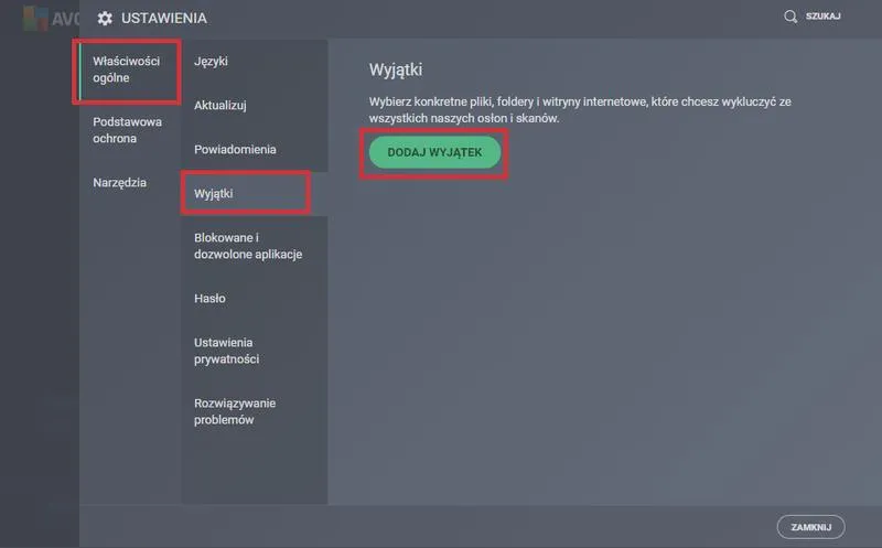 Dodawanie wyjątków w AVG