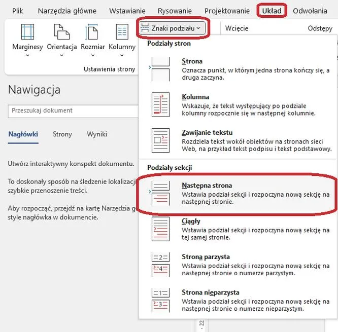 Podziały sekcji w Wordzie